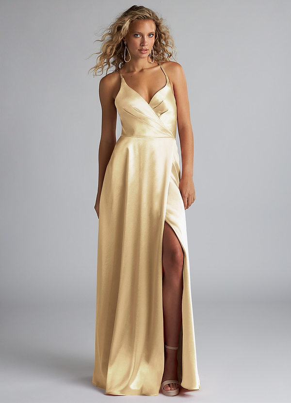 Azazie Davis Bridesmaid Dresses Champagne A-Line Pleated Metallic Satin Dress image1