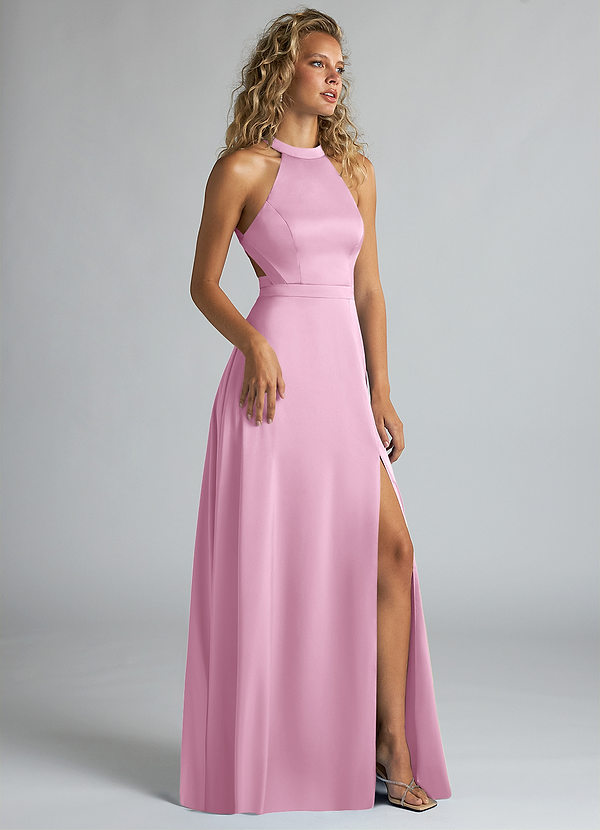 Azazie Clarice Bridesmaid Dresses Candy Pink A-Line High Neck Stretch Satin Dress image1