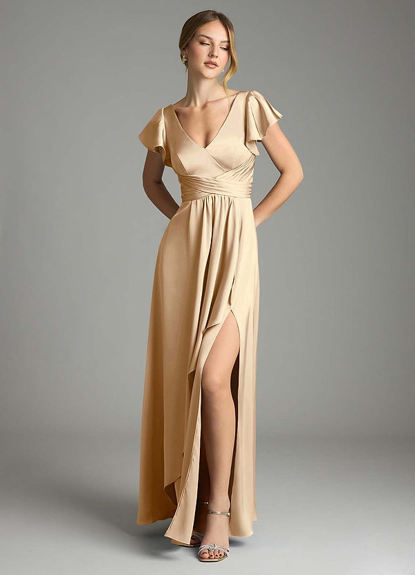 Azazie Omari Bruidsmeisjes Jurken Jurk van Stretch Satijn met A-Lijn Champagne image1