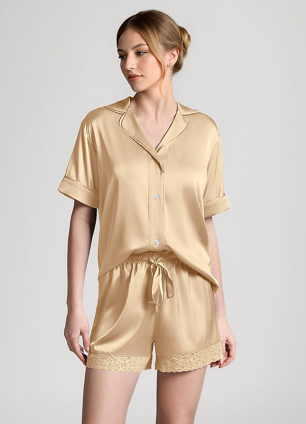 front Champagne Satin Lace Trim Short Sleeve Pajama Set