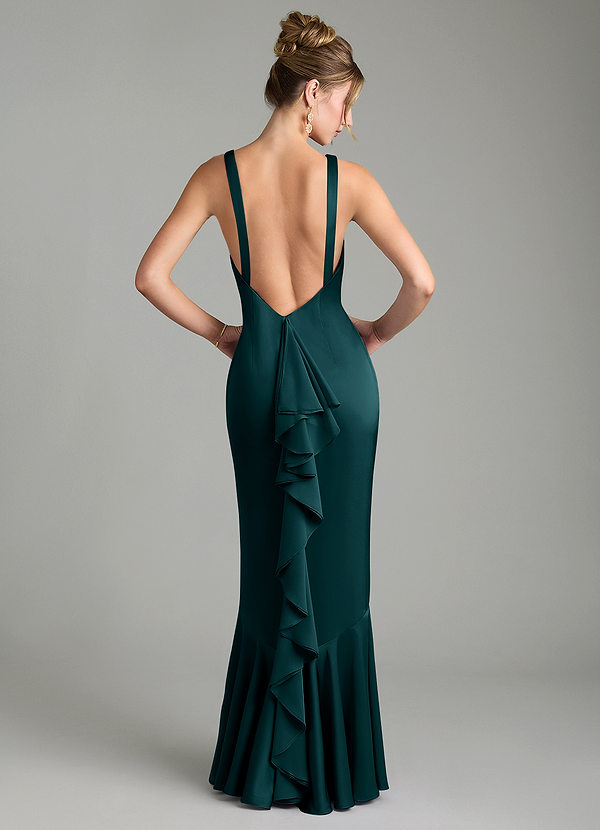 Azazie Tamera Bridesmaid Dresses Pine Mermaid Pleated Stretch Satin Dress image1