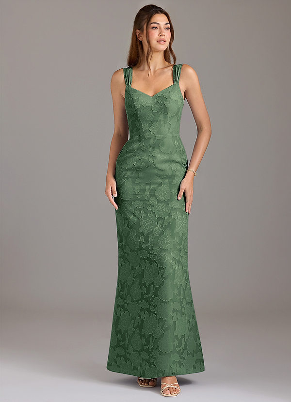 Azazie Denice Bridesmaid Dresses Eucalyptus A-Line Pleated Floral Burnout Dress image1