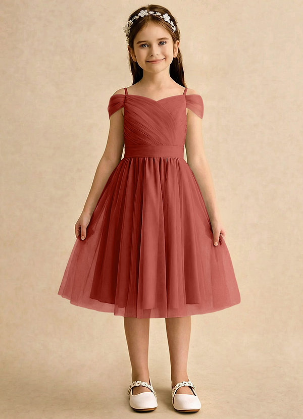 Azazie Lila Girls Formal Robes de Fillette d'Honneur Robe Trapèze en Tulle Épaule décolletée Terracotta image1