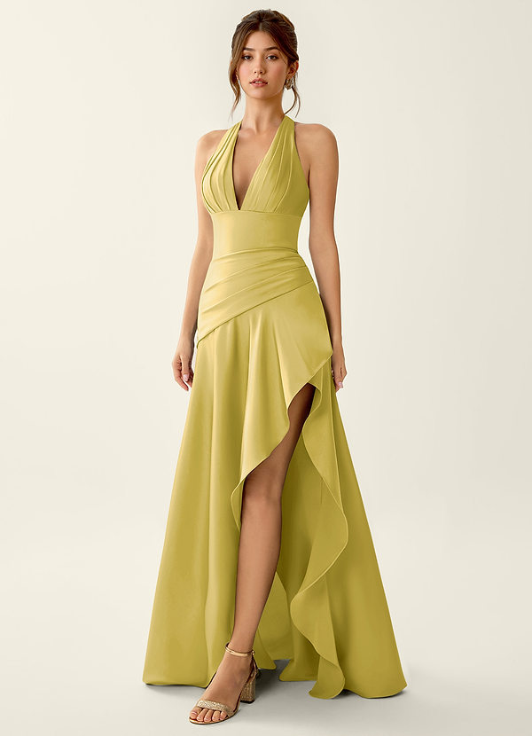 Titania Pastel Yellow Satin V-neck Ruffled Prom Dress image1