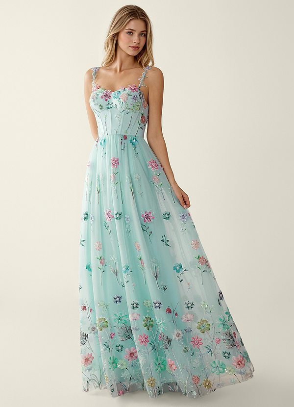 Irisqun Mint Green 3D Flowers Sequin Embroidery Beading Tulle Prom Dress image1