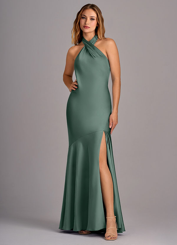 Azazie Lorena Bridesmaid Dresses Eucalyptus Mermaid Pleated Stretch Satin Dress image1