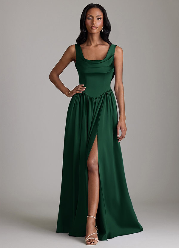 Novi Bridesmaid Dresses Dark Green A-Line with Pockets Stretch Satin Dress image1