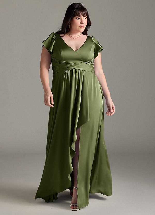 Azazie Omari Bruidsmeisjes Jurken Jurk van Stretch Satijn met A-Lijn Olijf image1