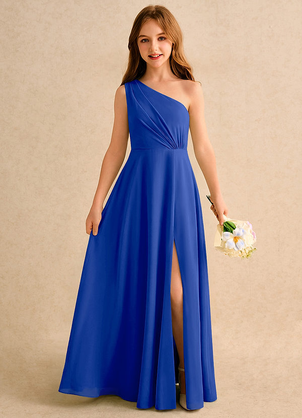 Azazie Puddles Girls Formal Robes de Fillette d'Honneur Robe Trapèze en Mousseline de soie Une épaule Bleu Roi image1
