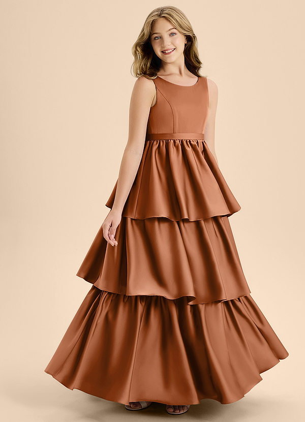 Azazie Meadowyn Junior Copper A-Line Bow Stretch Satin Dress image1