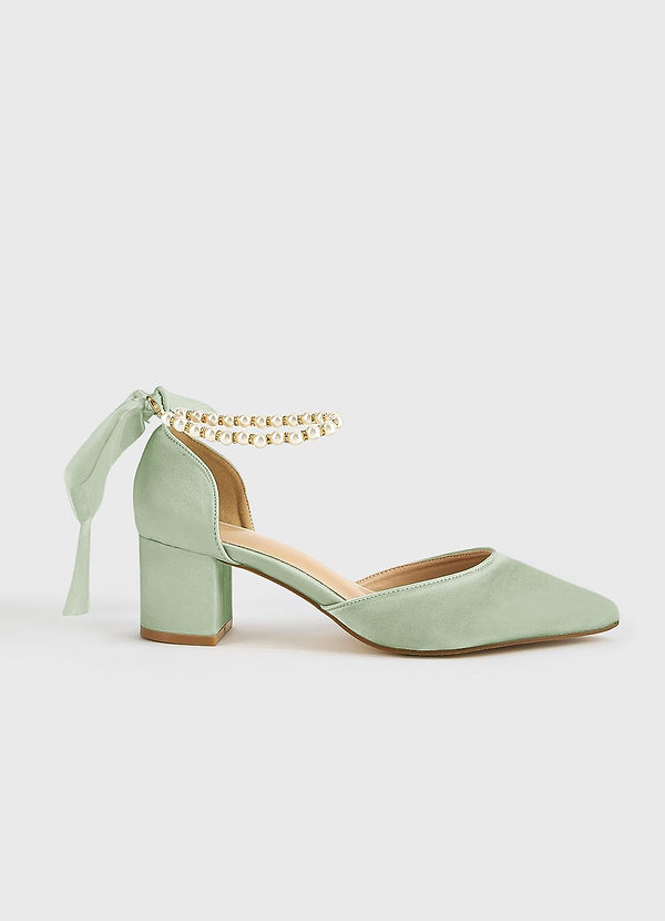 front Matching Color Matte Satin Pearl and Bow Pointed Toe Block Heels