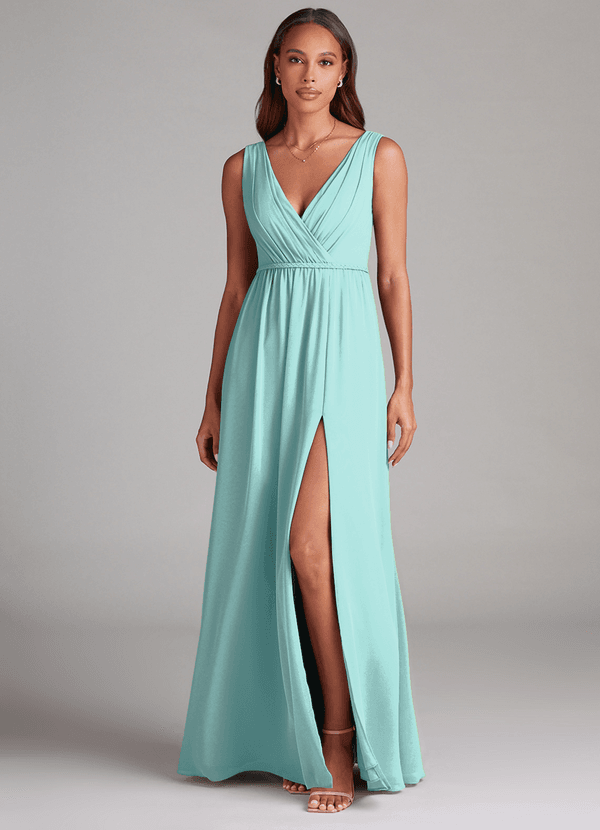 Azazie Tanicia Robes Demoiselle d'honneur Robe Trapèze en Mousseline de soie Plissée Aqua image1