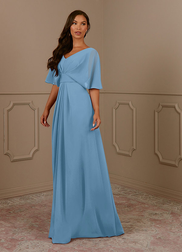 Azazie Oksana Mother of the Brides Dresses Steel Blue A-Line V-Neck Pleated Chiffon Dress image1