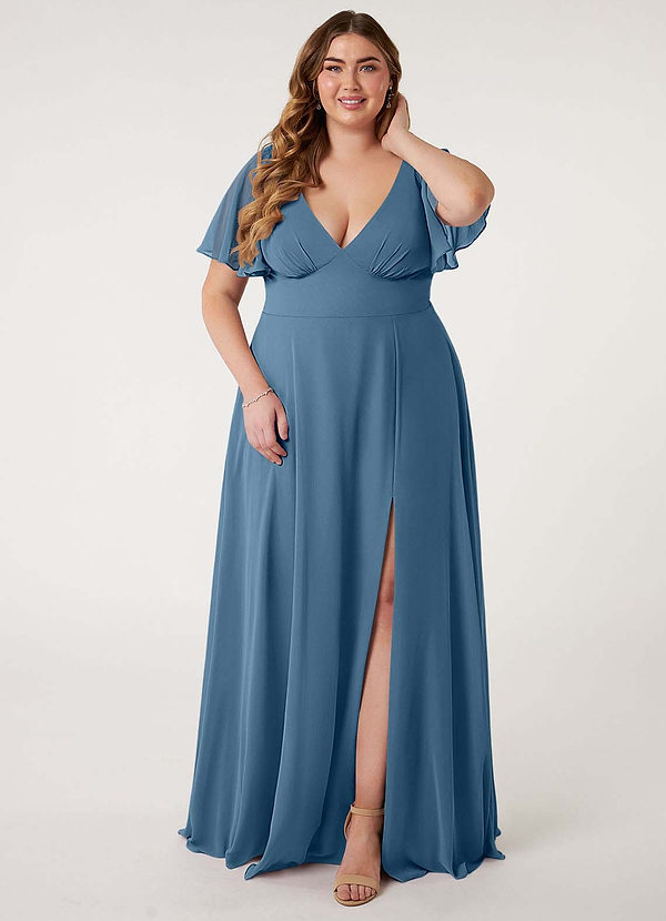 Azazie Kimber Robes de demoiselle d'honneur Robe Trapèze en Mousseline de soie Manches à volants Bermude image1