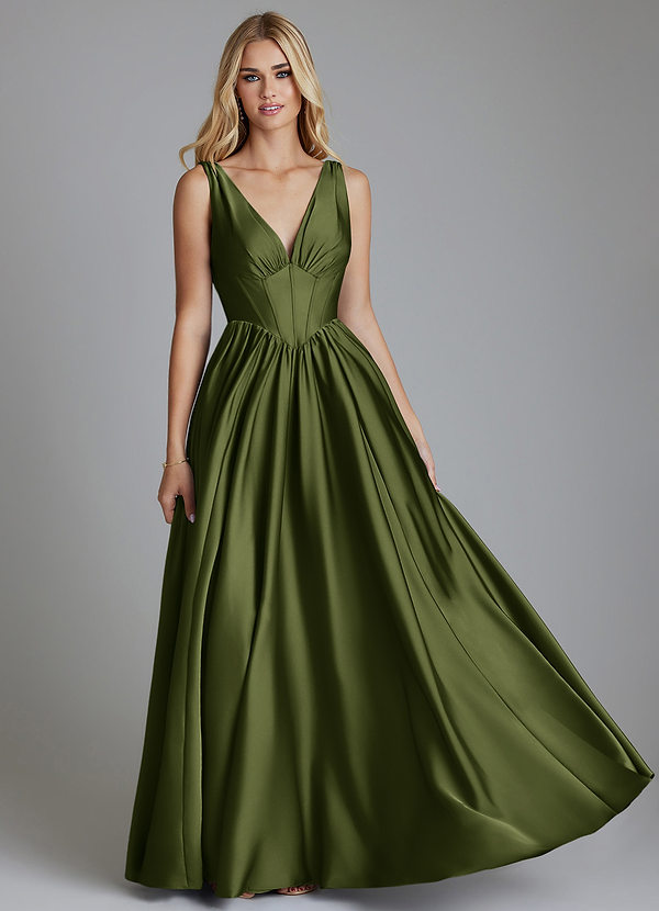 Azazie Delmie Bridesmaid Dresses Olive A-Line Corset Stretch Satin Dress image1