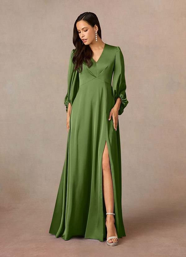 Azazie Luna Vestidos de Madre de la Novia Vestido de Enebro de Satén Elástico de Corte En A con Plisado image1