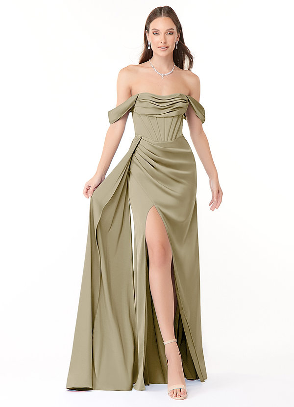Azazie Amyra Vestidos Dama de Honor Vestido de Musgo Verde de Satén Elástico de Corte Recto Convertible con Vestidos sin tirantes image1