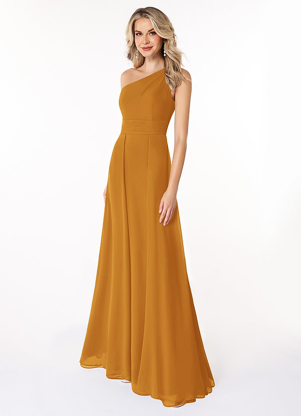 Azazie Dallas Bridesmaid Dresses Butterscotch A-Line One Shoulder Chiffon Dress image1