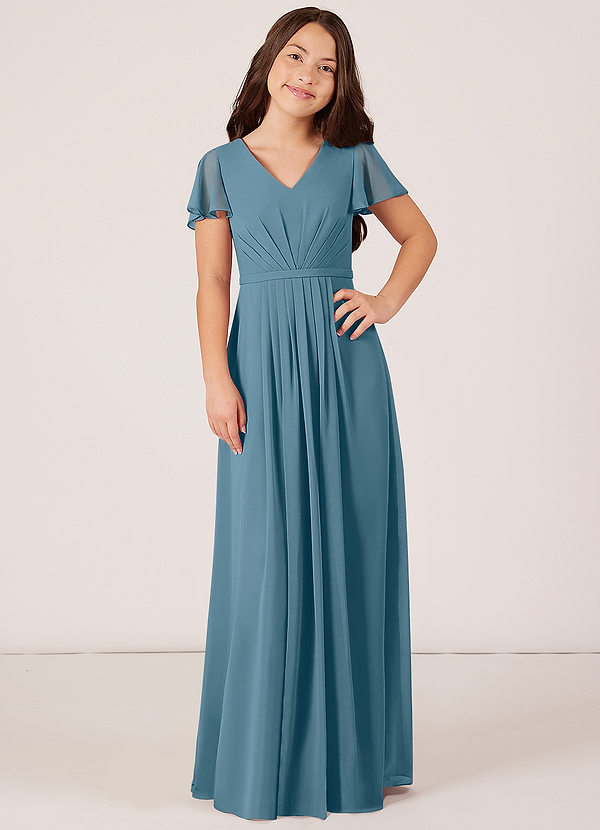 Azazie Peony Junior Robe Trapèze en Mousseline de soie Plissée Bermude image1