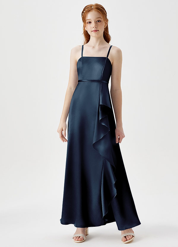 Azazie Kaylee Junior Dark Navy A-Line with Belt Metallic Satin Dress image1