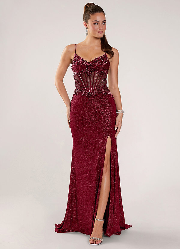 Christinmar Burgundy Rhinestone Stretch Satin Prom Dress image1