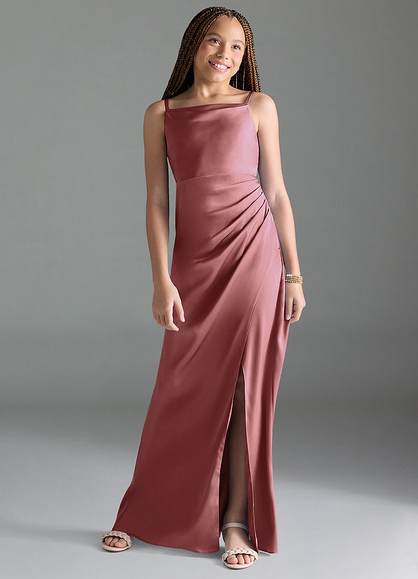 Azazie Leonis Junior Amethyst A-Line Pleated Stretch Satin Dress image1