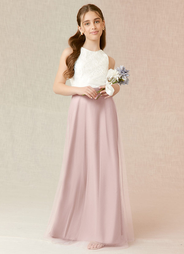 Azazie Albertine Junior Robe Trapèze en Mousseline de soie Dentelle Rose Pâle image1