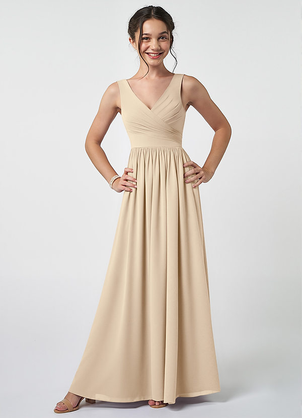 Azazie Keyla Junior A-Linie Plissee Chiffon Kleid Champagner image1