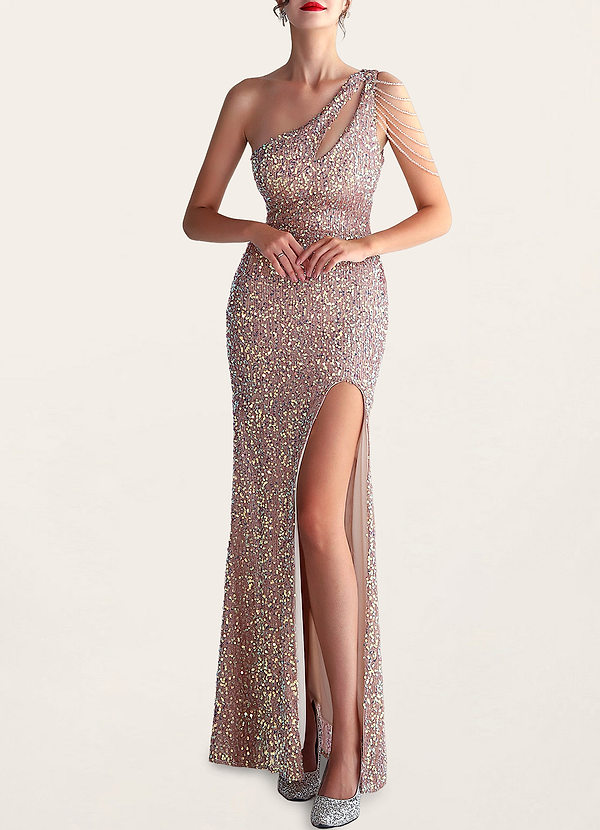 front Dazzle Them All Champagne Sequin One-Shoulder Maxi Dress