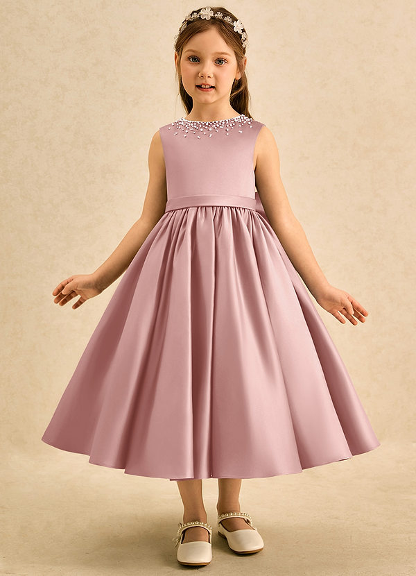 Azazie Doodle Flower Girl Dresses Rose Gold Ball-Gown Bow Matte Satin Dress image1
