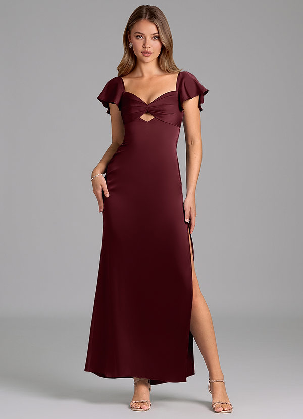 Azazie Demia Vestidos Dama de Honor Vestido de Cabernet de Satén Elástico de Corte Recto con Escote de Corazón image1