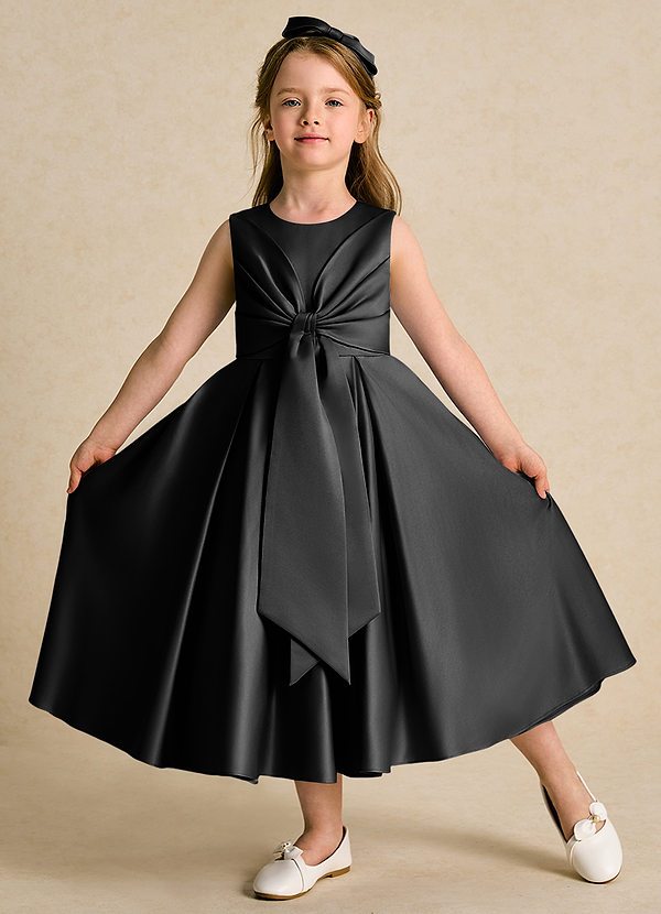 Azazie Lady Blumenkinder Kleider A-Linie Plissee Matte Satin Kleid Schwarz image1