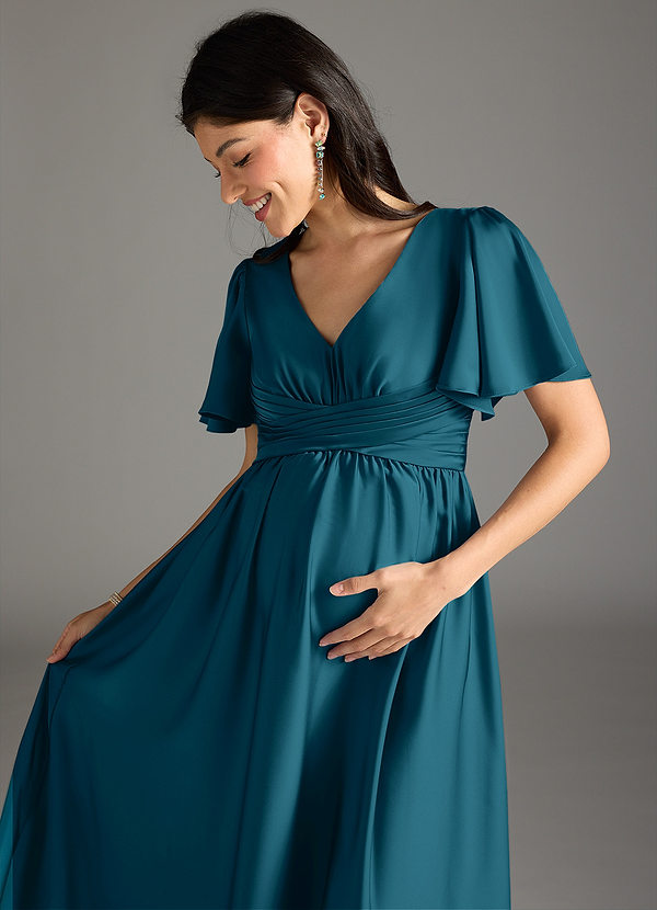 Azazie Verna Gravid brudtärna Klänningar Klänning A-Line Ruched Golvlängd Stretch Satin image1