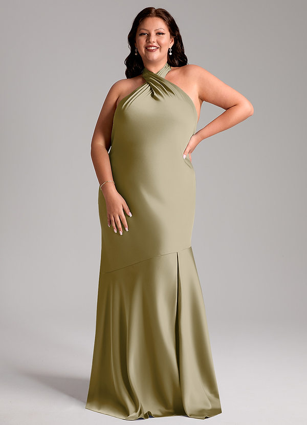 Azazie Lorena Robes Demoiselle d'honneur Robe Sirène en Satin extensible Plissée Vert Mousse image1