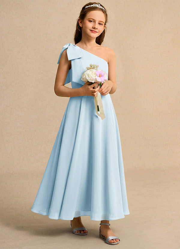 Azazie Guppy Girls Formal Flower Girl Dresses Sky Blue A-Line One Shoulder Chiffon Dress image1