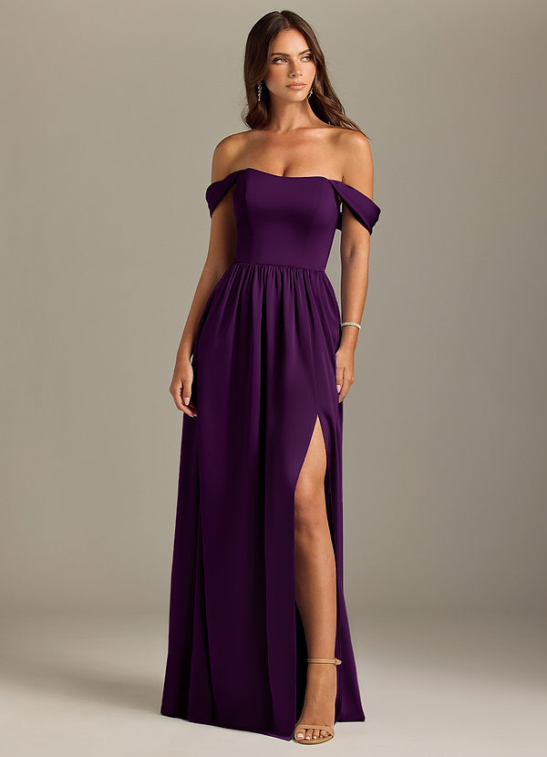 Azazie Calianna Bridesmaid Dresses Grape A-Line Off the Shoulder Stretch Satin Convertible Dress image1