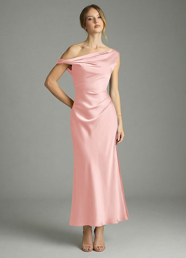 Azazie Emerson Bridesmaid Dresses Powder Pink Mermaid Off the Shoulder Stretch Satin Dress image1
