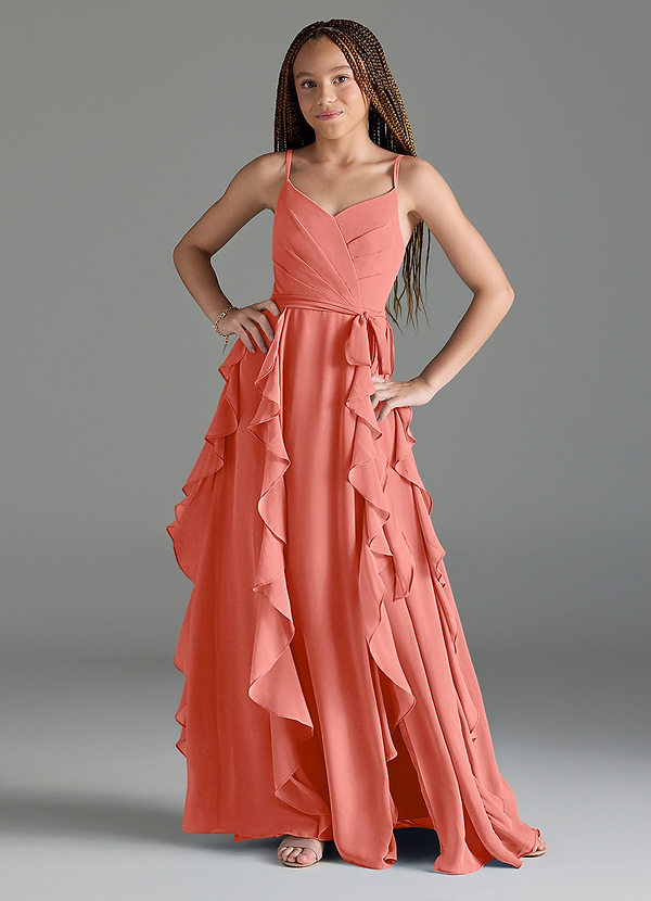 Azazie Peyton Junior Salmon Pink A-Line V-Neck Cascading Ruffles Chiffon Dress image1