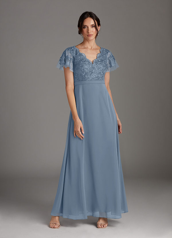 Azazie Singer Mother of the Brides Dresses Dusty Blue A-Line V-Neck Lace Chiffon Dress image1