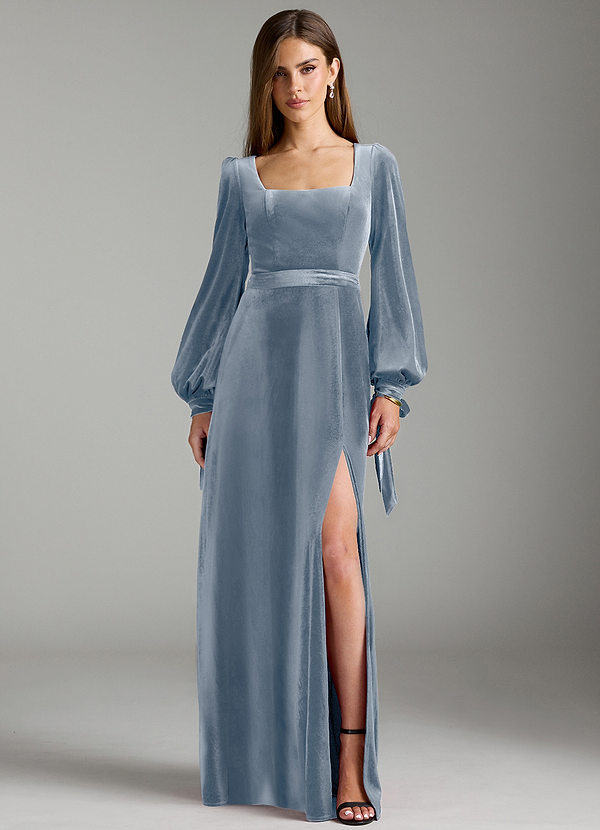 Azazie Leonia Bridesmaid Dresses Dusty Blue A-Line Long Sleeve Velvet Dress image1
