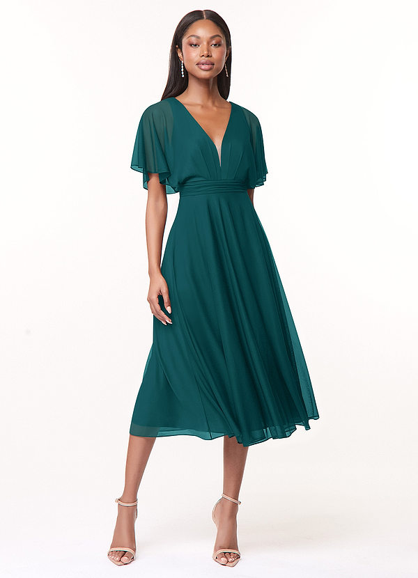 Azazie Tinsley Bridesmaid Dresses Peacock A-Line Pleated Mesh Dress image1
