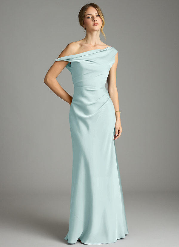 Azazie Emerson Robes de demoiselle d'honneur Robe Sirène en Satin extensible Épaules dénudées Brume image1