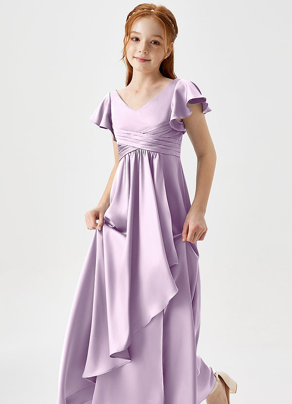 Azazie Omari Junior Frosted Lilac A-Line Pleated Stretch Satin Dress image1