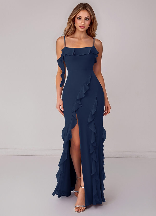 Azazie Malia Bridesmaid Dresses Dark Navy Sheath Ruched Chiffon Dress image1