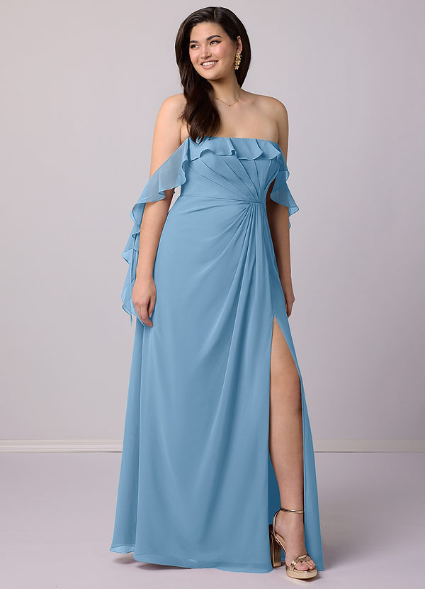 Barbie ♥ Azazie Bridesmaid Dresses Steel Blue A-Line Off the Shoulder Chiffon Convertible Dress image1