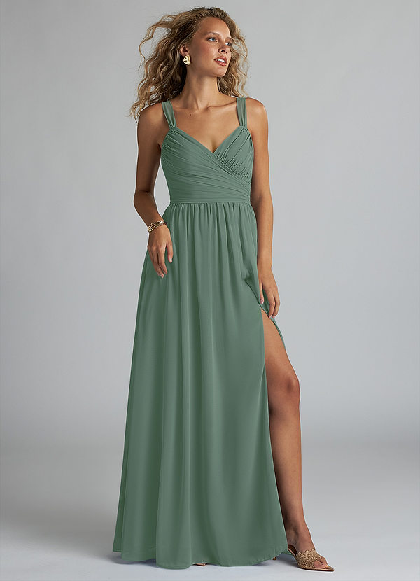 Azazie Aziza Bridesmaid Dresses Eucalyptus A-Line V-Neck Pleated Chiffon Dress image1