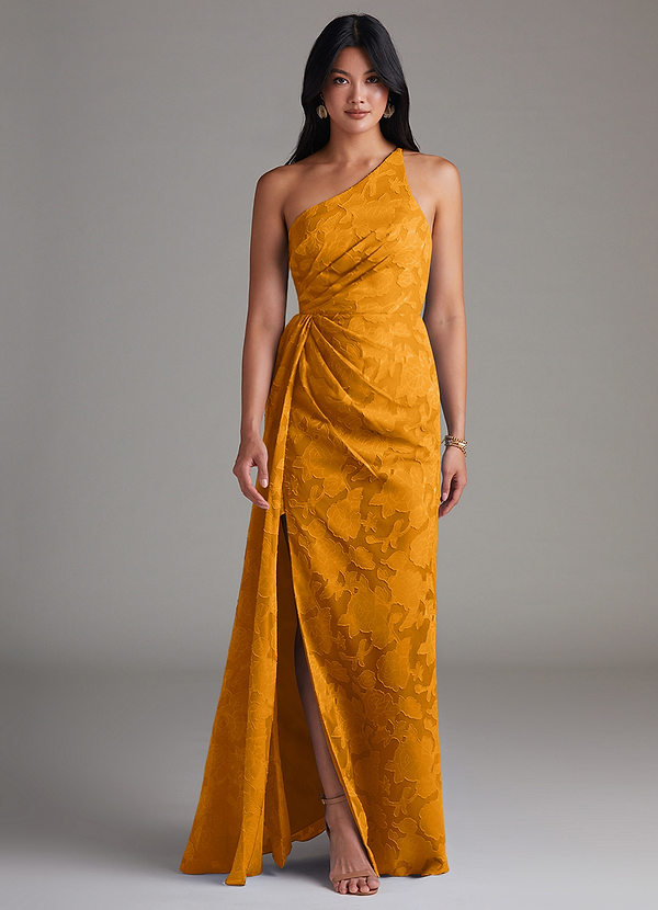Azazie Mika Bridesmaid Dresses Butterscotch Sheath One Shoulder Floral Burnout Dress image1