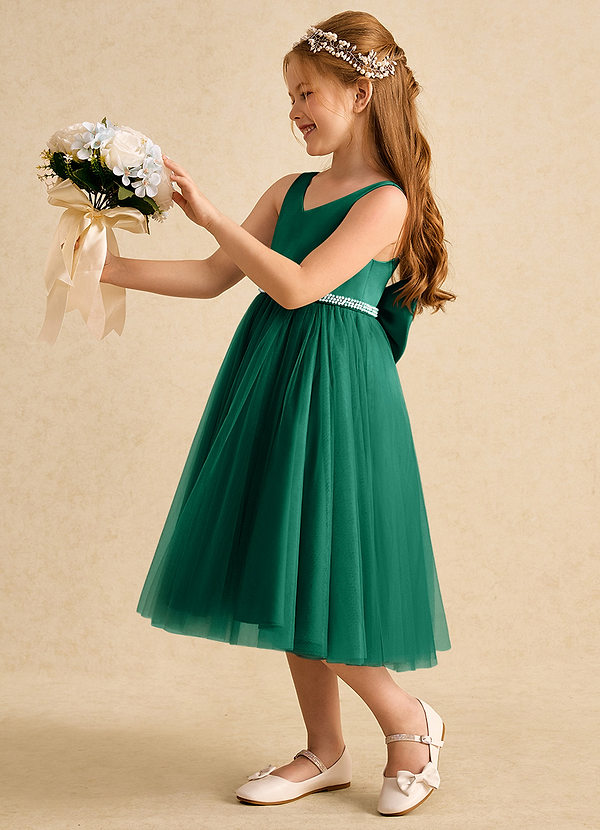 Azazie Firefly Abiti da Ragazza di Fiori Abito A-Line in Raso Opaco Fiocco Smeraldo image1