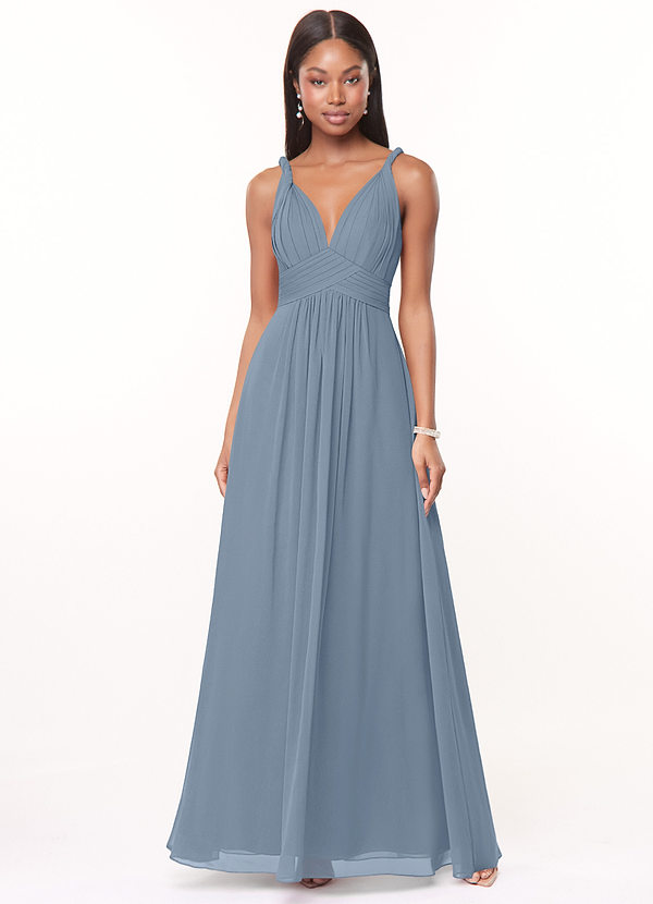 Azazie Maren Bruidsmeisjes Jurken Jurk van Chiffon met A-Lijn Geplooid Stoffig Blauw image1