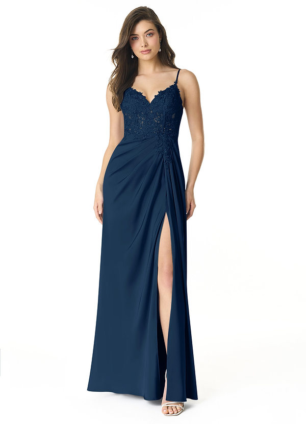 Azazie Tessia Bridesmaid Dresses A-Line Corset Stretch Satin Floor-Length Dress image1